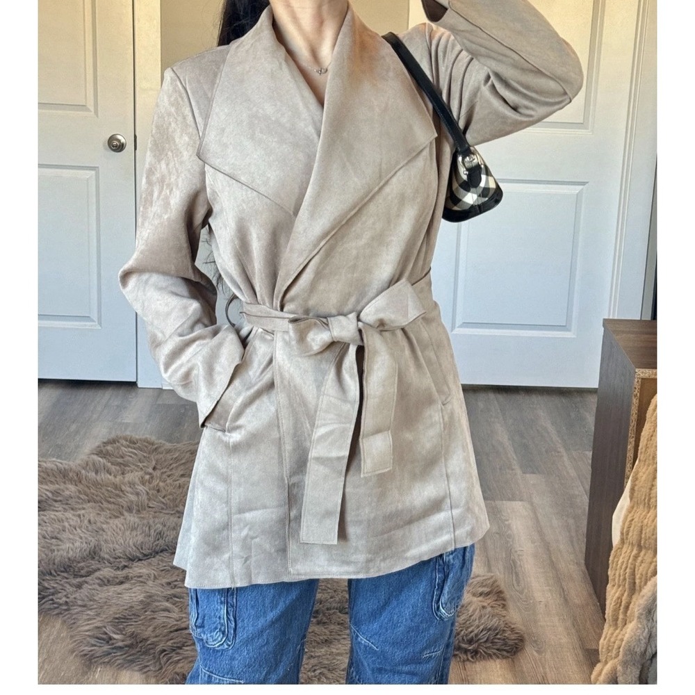 Magaschoni Faux Leather Suede Belted Trench Coat Open‎ Front Soft Quiet Luxury M